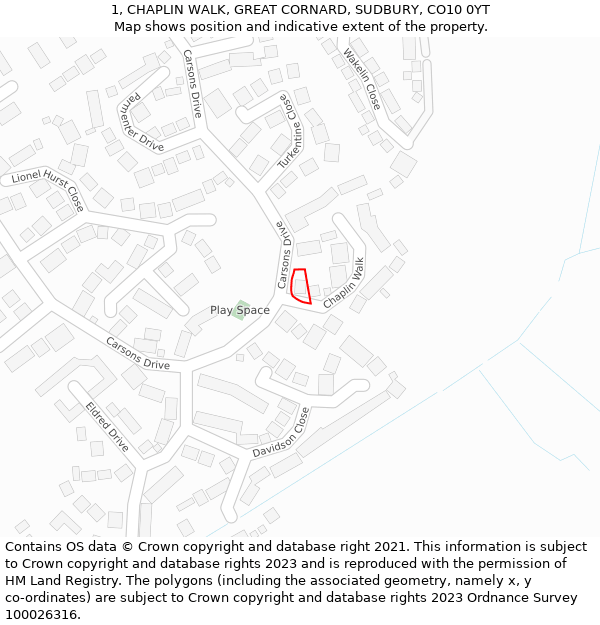 1, CHAPLIN WALK, GREAT CORNARD, SUDBURY, CO10 0YT: Location map and indicative extent of plot