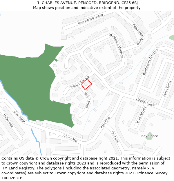 1, CHARLES AVENUE, PENCOED, BRIDGEND, CF35 6SJ: Location map and indicative extent of plot