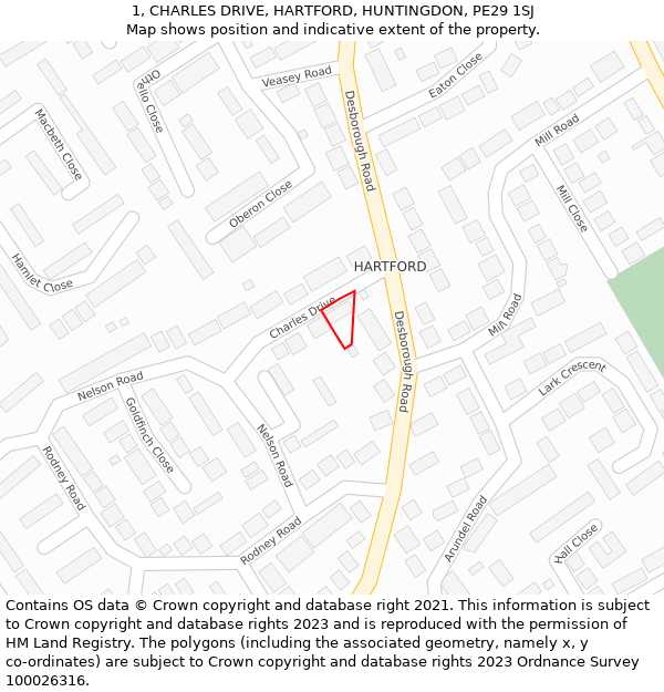 1, CHARLES DRIVE, HARTFORD, HUNTINGDON, PE29 1SJ: Location map and indicative extent of plot