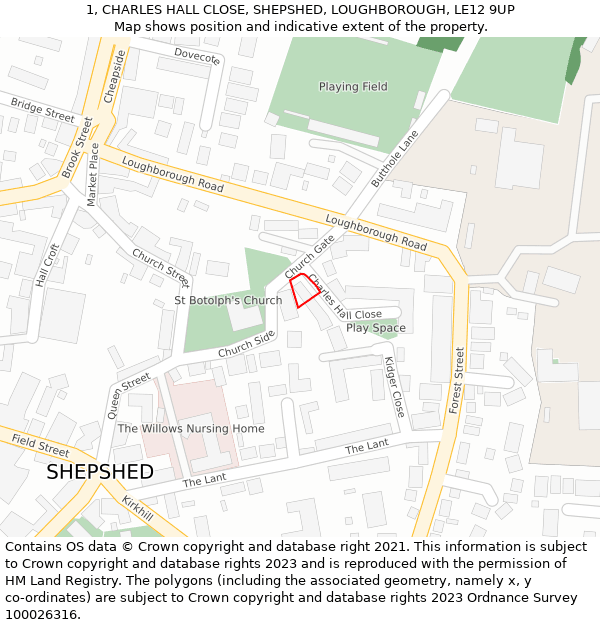 1, CHARLES HALL CLOSE, SHEPSHED, LOUGHBOROUGH, LE12 9UP: Location map and indicative extent of plot