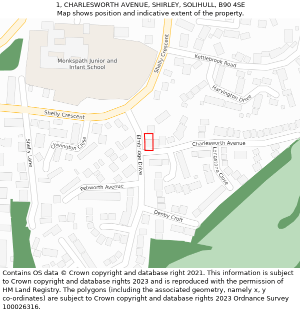 1, CHARLESWORTH AVENUE, SHIRLEY, SOLIHULL, B90 4SE: Location map and indicative extent of plot