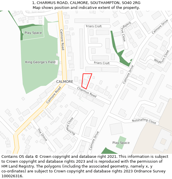 1, CHARMUS ROAD, CALMORE, SOUTHAMPTON, SO40 2RG: Location map and indicative extent of plot