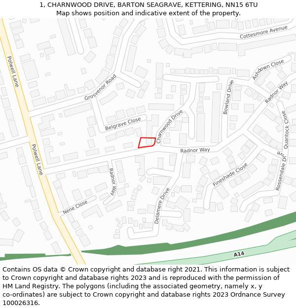 1, CHARNWOOD DRIVE, BARTON SEAGRAVE, KETTERING, NN15 6TU: Location map and indicative extent of plot