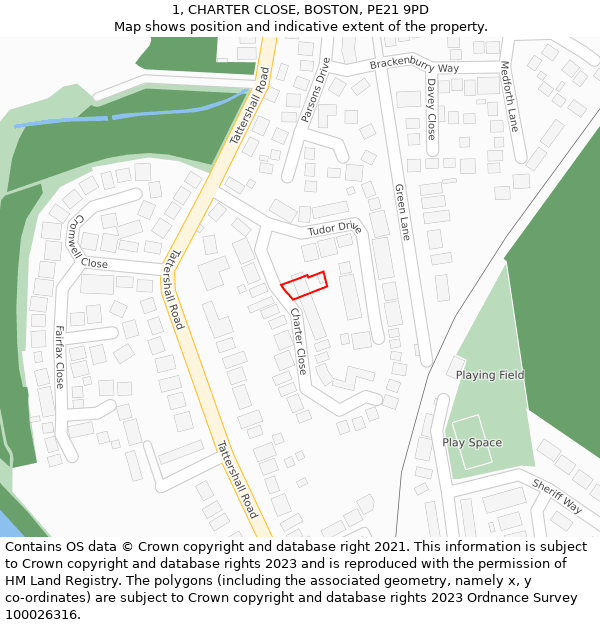 1, CHARTER CLOSE, BOSTON, PE21 9PD: Location map and indicative extent of plot