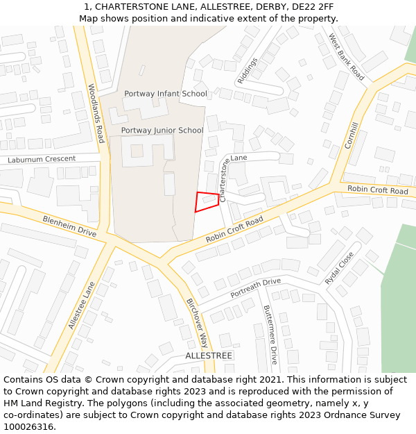 1, CHARTERSTONE LANE, ALLESTREE, DERBY, DE22 2FF: Location map and indicative extent of plot