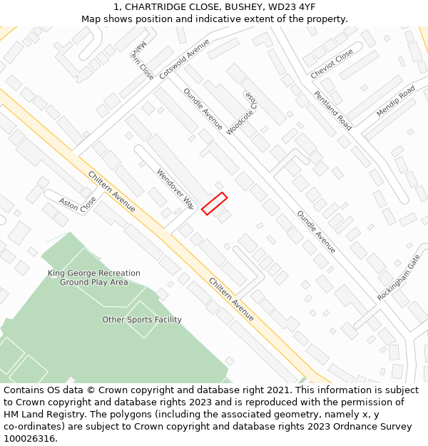 1, CHARTRIDGE CLOSE, BUSHEY, WD23 4YF: Location map and indicative extent of plot