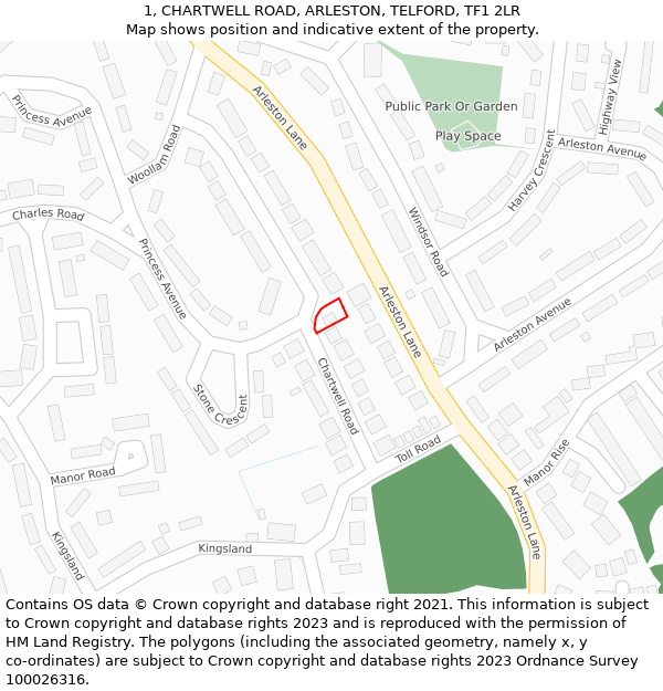 1, CHARTWELL ROAD, ARLESTON, TELFORD, TF1 2LR: Location map and indicative extent of plot