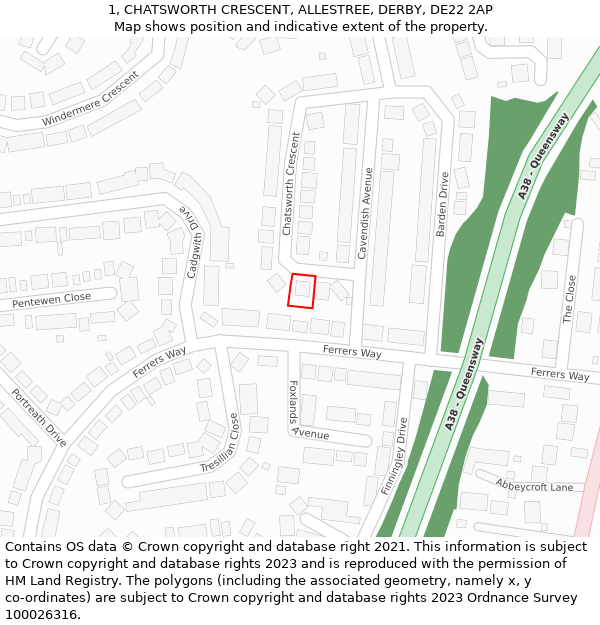 1, CHATSWORTH CRESCENT, ALLESTREE, DERBY, DE22 2AP: Location map and indicative extent of plot