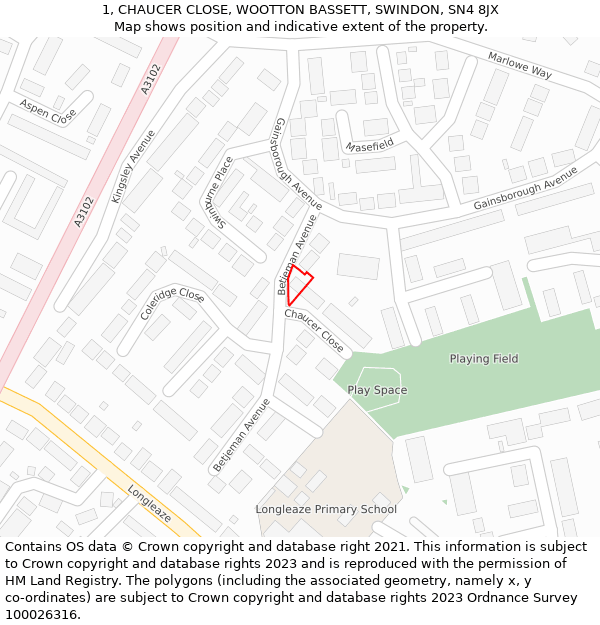 1, CHAUCER CLOSE, WOOTTON BASSETT, SWINDON, SN4 8JX: Location map and indicative extent of plot