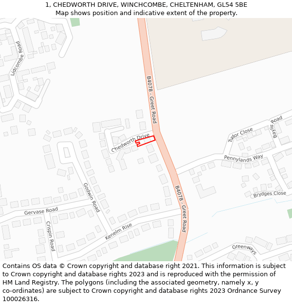 1, CHEDWORTH DRIVE, WINCHCOMBE, CHELTENHAM, GL54 5BE: Location map and indicative extent of plot