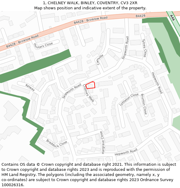 1, CHELNEY WALK, BINLEY, COVENTRY, CV3 2XR: Location map and indicative extent of plot