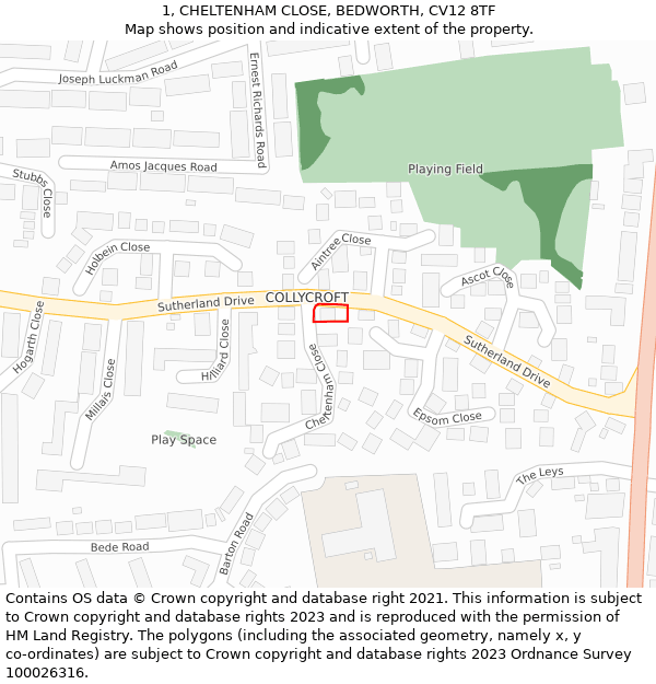 1, CHELTENHAM CLOSE, BEDWORTH, CV12 8TF: Location map and indicative extent of plot