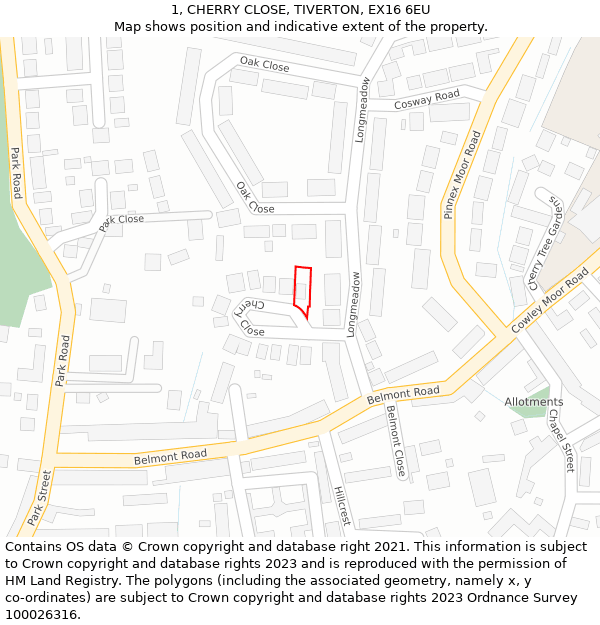 1, CHERRY CLOSE, TIVERTON, EX16 6EU: Location map and indicative extent of plot