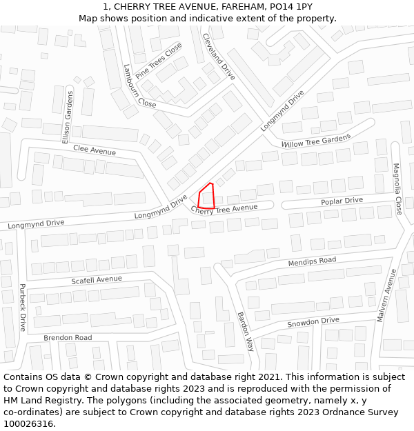 1, CHERRY TREE AVENUE, FAREHAM, PO14 1PY: Location map and indicative extent of plot