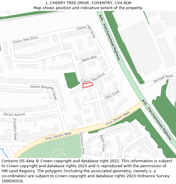 1, CHERRY TREE DRIVE, COVENTRY, CV4 8LW: Location map and indicative extent of plot