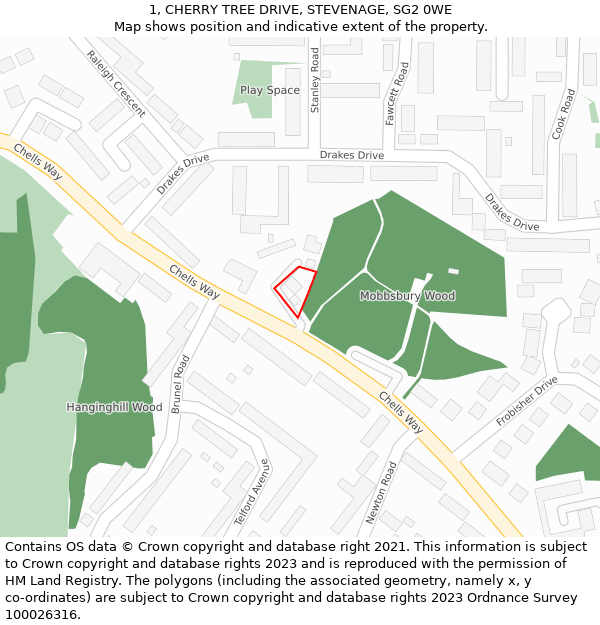 1, CHERRY TREE DRIVE, STEVENAGE, SG2 0WE: Location map and indicative extent of plot