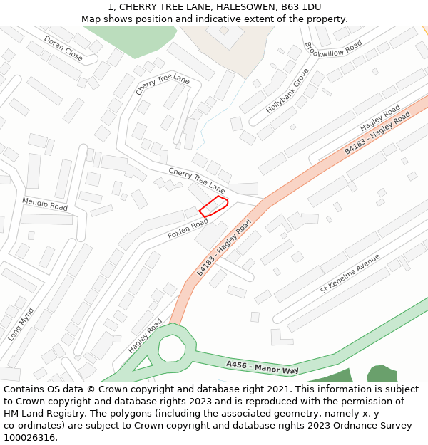 1, CHERRY TREE LANE, HALESOWEN, B63 1DU: Location map and indicative extent of plot