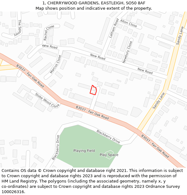 1, CHERRYWOOD GARDENS, EASTLEIGH, SO50 8AF: Location map and indicative extent of plot