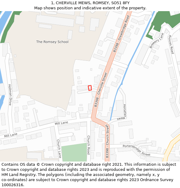 1, CHERVILLE MEWS, ROMSEY, SO51 8FY: Location map and indicative extent of plot