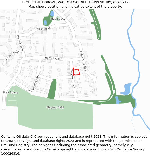 1, CHESTNUT GROVE, WALTON CARDIFF, TEWKESBURY, GL20 7TX: Location map and indicative extent of plot