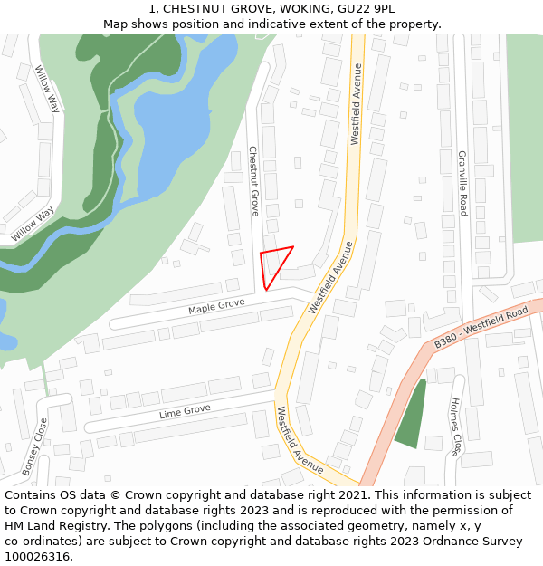 1, CHESTNUT GROVE, WOKING, GU22 9PL: Location map and indicative extent of plot