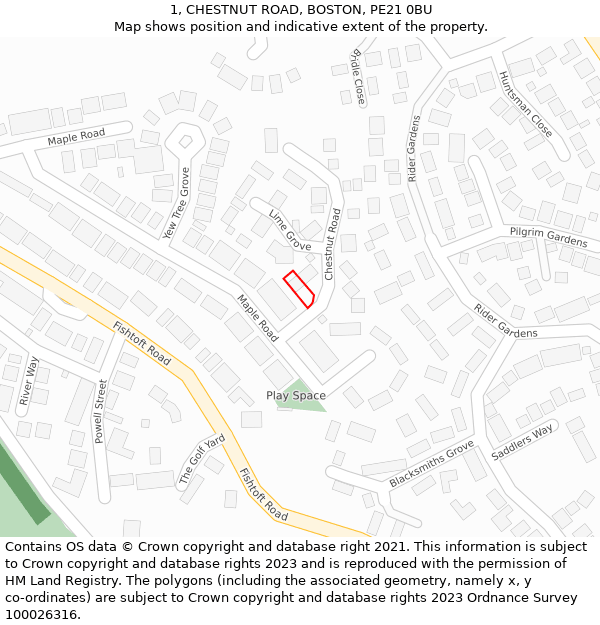 1, CHESTNUT ROAD, BOSTON, PE21 0BU: Location map and indicative extent of plot