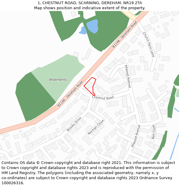 1, CHESTNUT ROAD, SCARNING, DEREHAM, NR19 2TA: Location map and indicative extent of plot