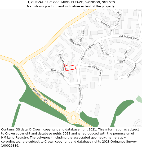 1, CHEVALIER CLOSE, MIDDLELEAZE, SWINDON, SN5 5TS: Location map and indicative extent of plot