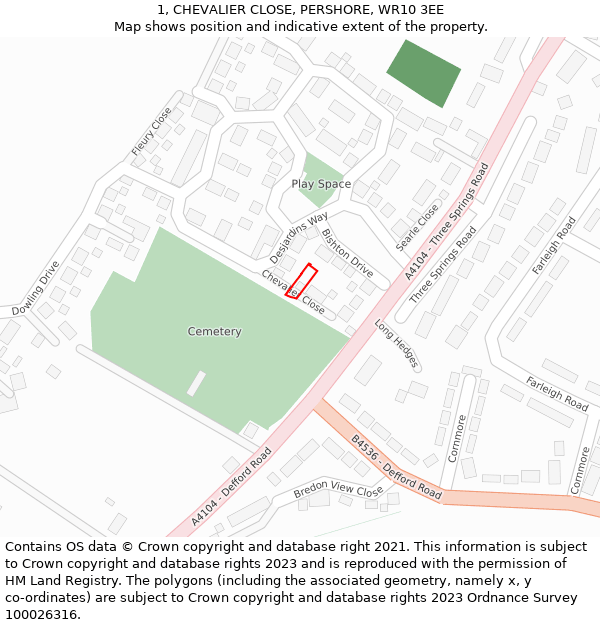 1, CHEVALIER CLOSE, PERSHORE, WR10 3EE: Location map and indicative extent of plot