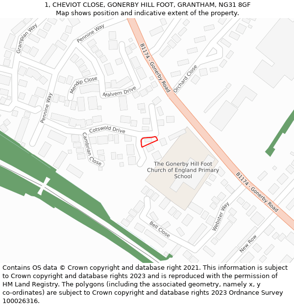 1, CHEVIOT CLOSE, GONERBY HILL FOOT, GRANTHAM, NG31 8GF: Location map and indicative extent of plot