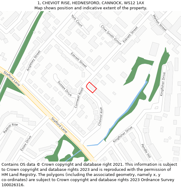 1, CHEVIOT RISE, HEDNESFORD, CANNOCK, WS12 1AX: Location map and indicative extent of plot