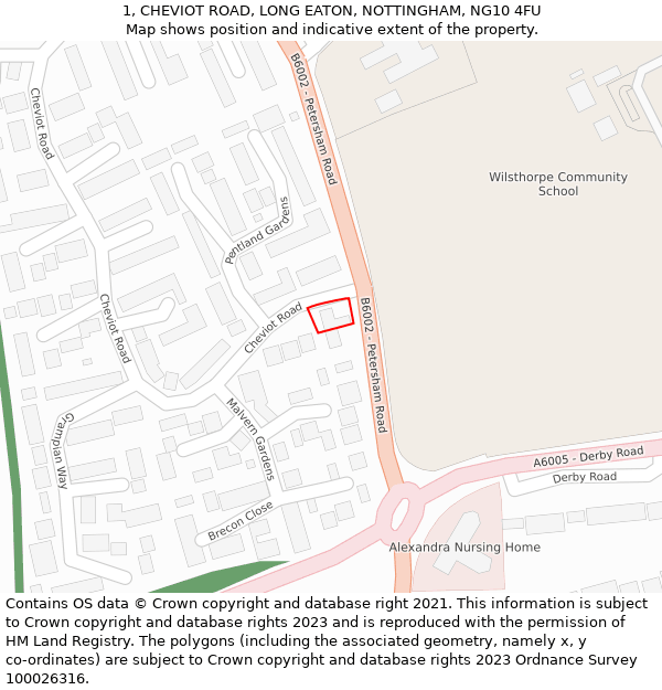 1, CHEVIOT ROAD, LONG EATON, NOTTINGHAM, NG10 4FU: Location map and indicative extent of plot