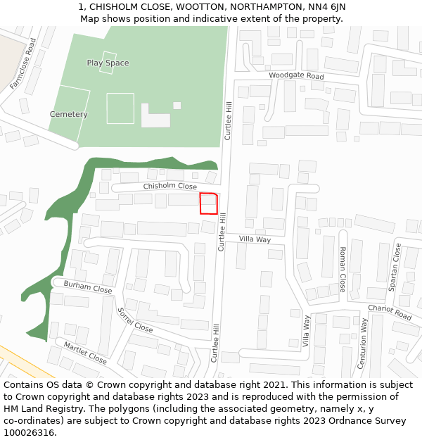1, CHISHOLM CLOSE, WOOTTON, NORTHAMPTON, NN4 6JN: Location map and indicative extent of plot