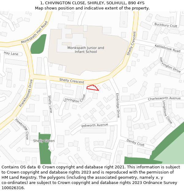 1, CHIVINGTON CLOSE, SHIRLEY, SOLIHULL, B90 4YS: Location map and indicative extent of plot