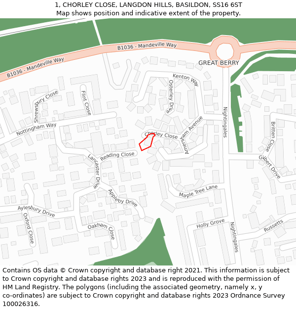 1, CHORLEY CLOSE, LANGDON HILLS, BASILDON, SS16 6ST: Location map and indicative extent of plot