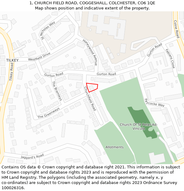 1, CHURCH FIELD ROAD, COGGESHALL, COLCHESTER, CO6 1QE: Location map and indicative extent of plot