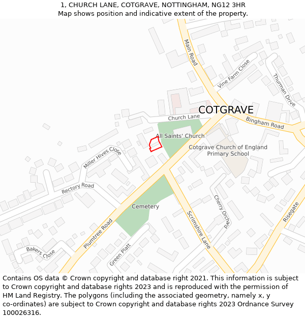 1, CHURCH LANE, COTGRAVE, NOTTINGHAM, NG12 3HR: Location map and indicative extent of plot