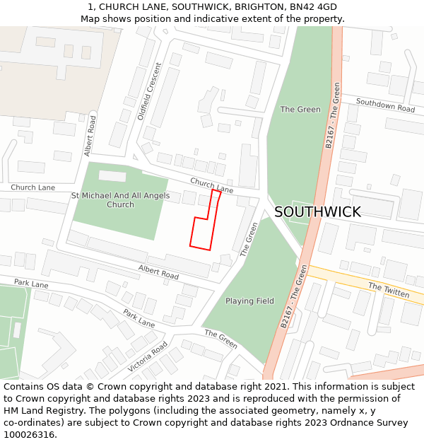 1, CHURCH LANE, SOUTHWICK, BRIGHTON, BN42 4GD: Location map and indicative extent of plot