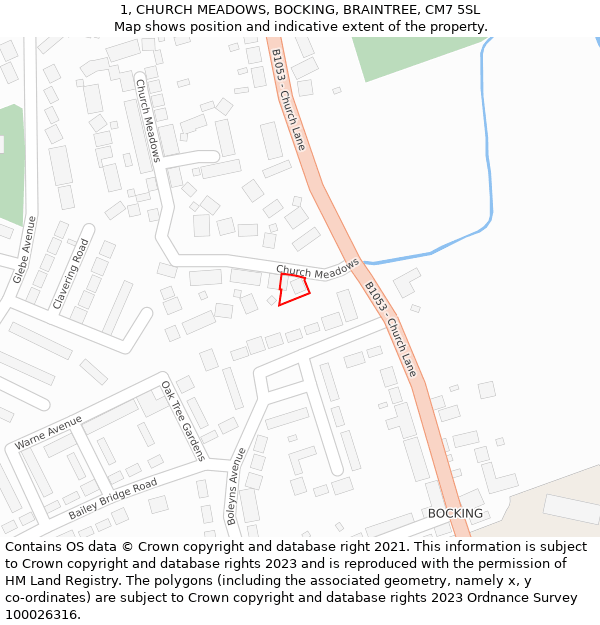 1, CHURCH MEADOWS, BOCKING, BRAINTREE, CM7 5SL: Location map and indicative extent of plot