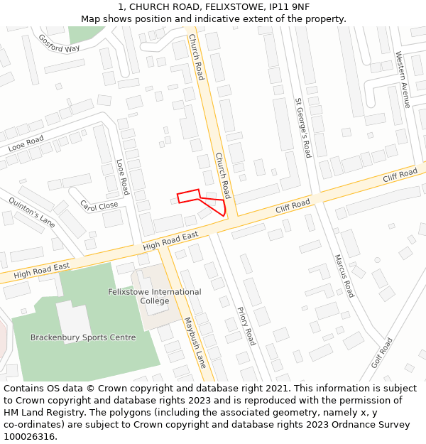 1, CHURCH ROAD, FELIXSTOWE, IP11 9NF: Location map and indicative extent of plot