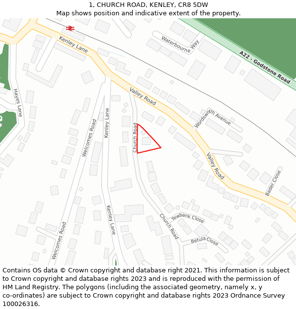 1, CHURCH ROAD, KENLEY, CR8 5DW: Location map and indicative extent of plot