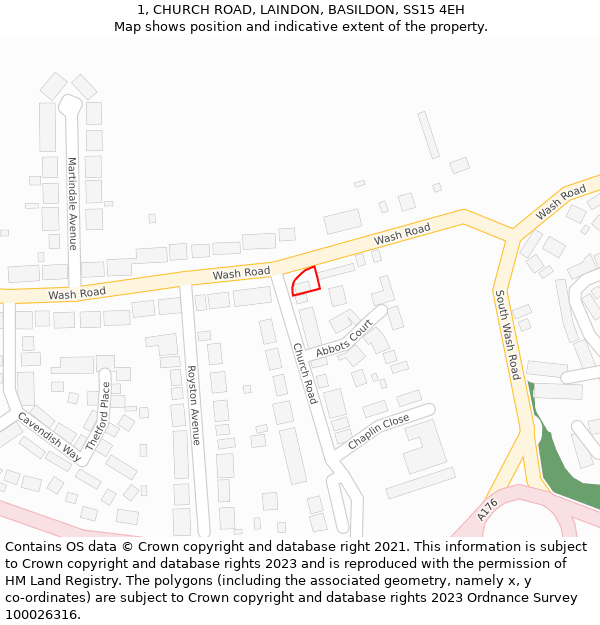 1, CHURCH ROAD, LAINDON, BASILDON, SS15 4EH: Location map and indicative extent of plot