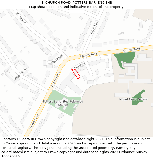 1, CHURCH ROAD, POTTERS BAR, EN6 1HB: Location map and indicative extent of plot