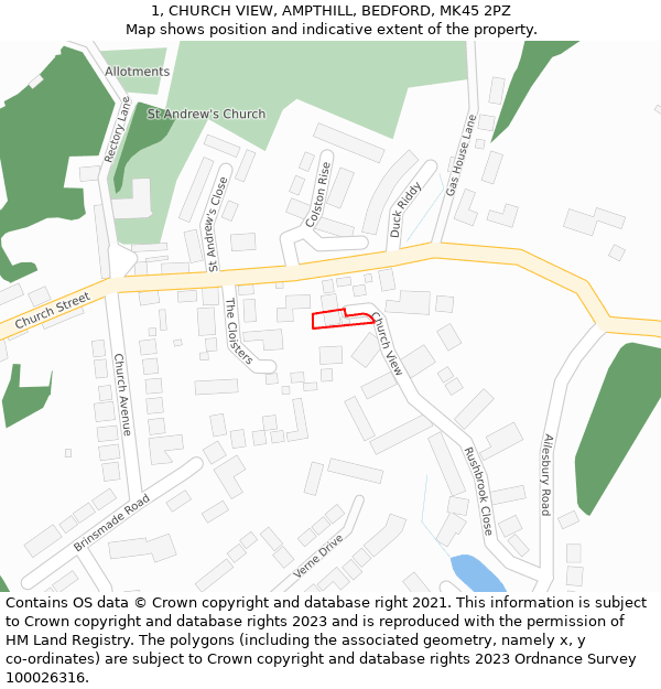 1, CHURCH VIEW, AMPTHILL, BEDFORD, MK45 2PZ: Location map and indicative extent of plot