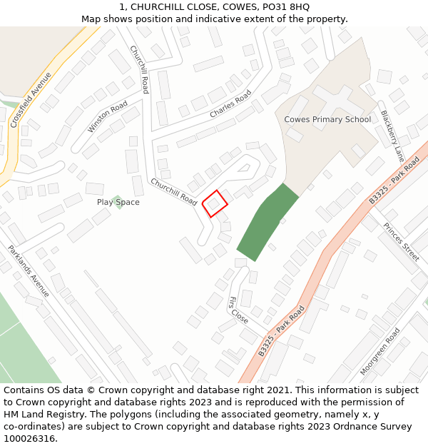 1, CHURCHILL CLOSE, COWES, PO31 8HQ: Location map and indicative extent of plot