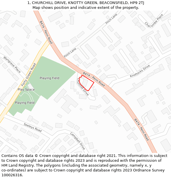 1, CHURCHILL DRIVE, KNOTTY GREEN, BEACONSFIELD, HP9 2TJ: Location map and indicative extent of plot