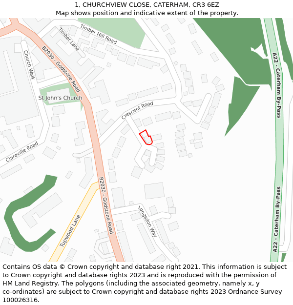 1, CHURCHVIEW CLOSE, CATERHAM, CR3 6EZ: Location map and indicative extent of plot