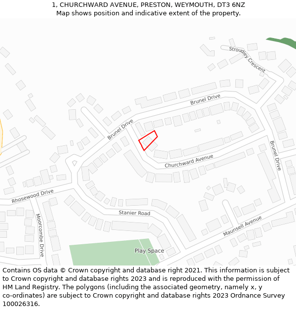 1, CHURCHWARD AVENUE, PRESTON, WEYMOUTH, DT3 6NZ: Location map and indicative extent of plot