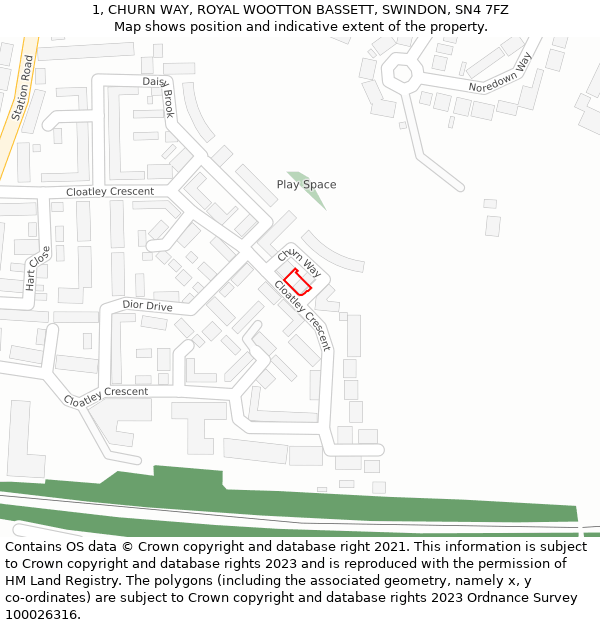 1, CHURN WAY, ROYAL WOOTTON BASSETT, SWINDON, SN4 7FZ: Location map and indicative extent of plot