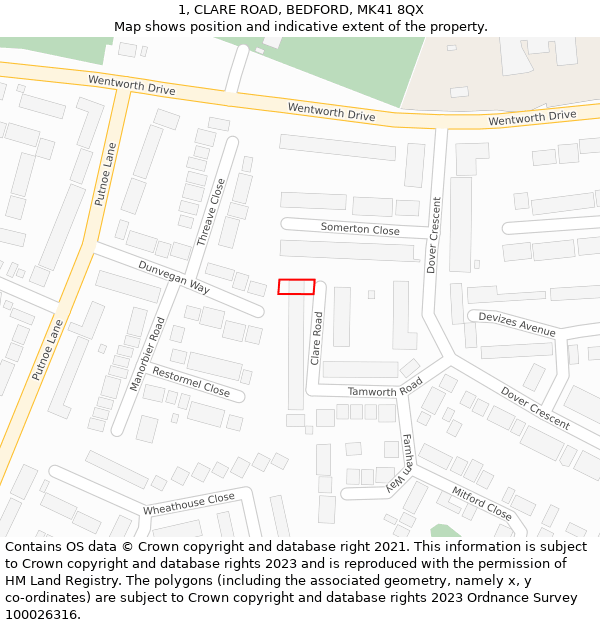 1, CLARE ROAD, BEDFORD, MK41 8QX: Location map and indicative extent of plot